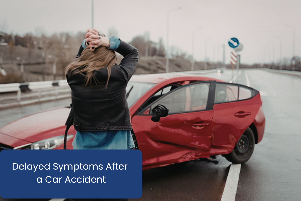 a distressed woman covering her face after a car accident on a highway